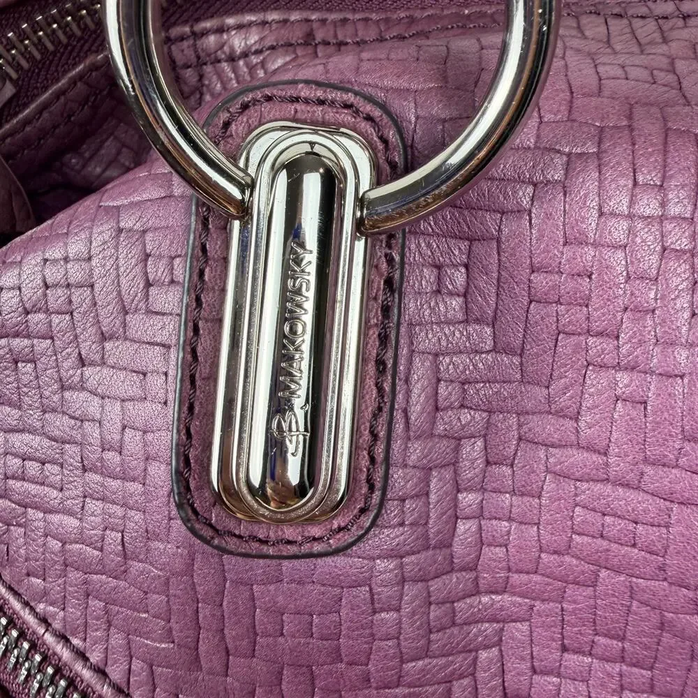 B MAKOWSKY Leather Mulberry Purple Woven Satchel Purse Handbag Y2K Double Handle